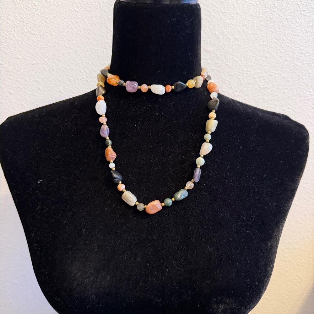 Long Mixed Gemstone Artisan Necklace Boho Natural Stones